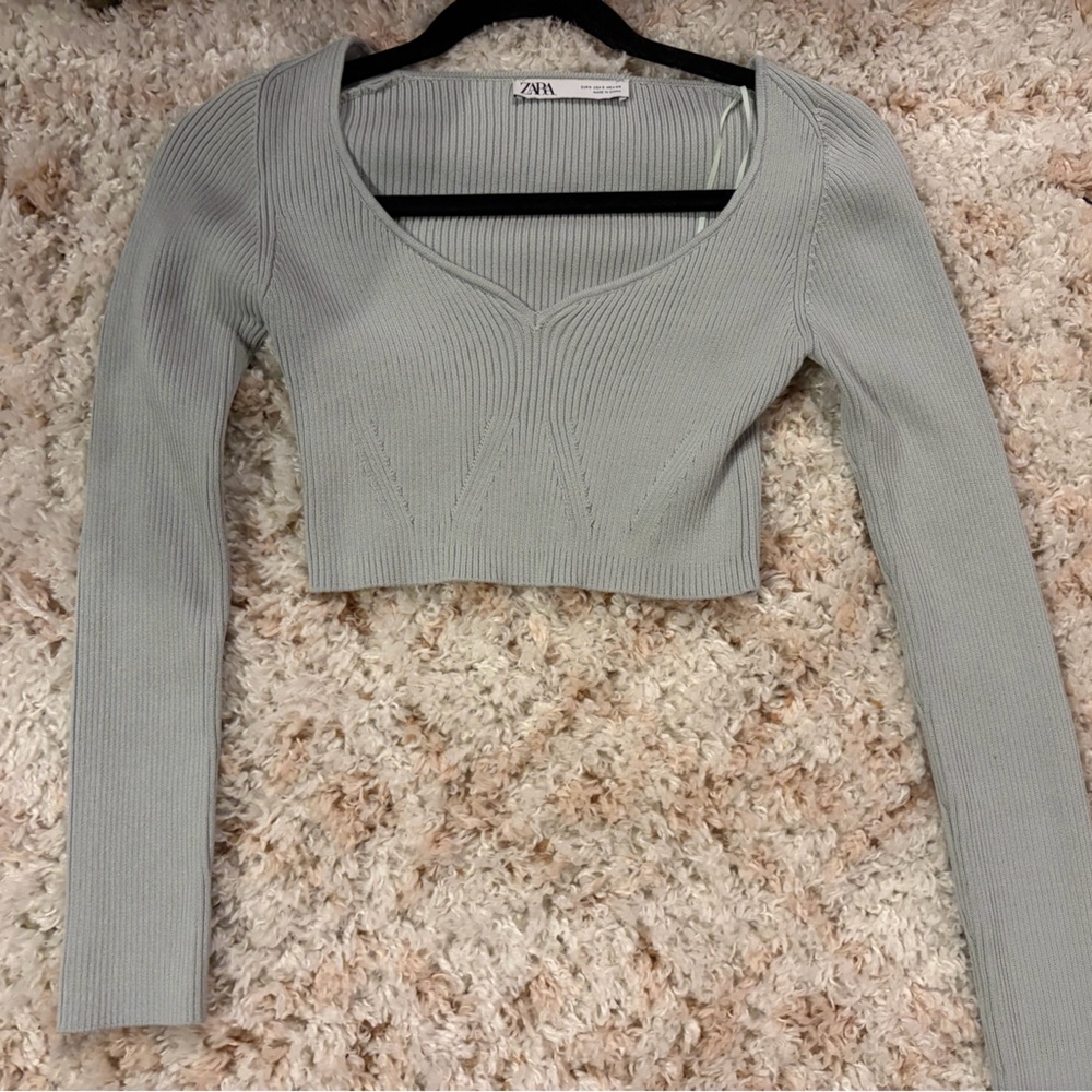 Zara Ribbed Light Blue/Grey Long-Sleeve Crop Top Small - Picture 4 of 7